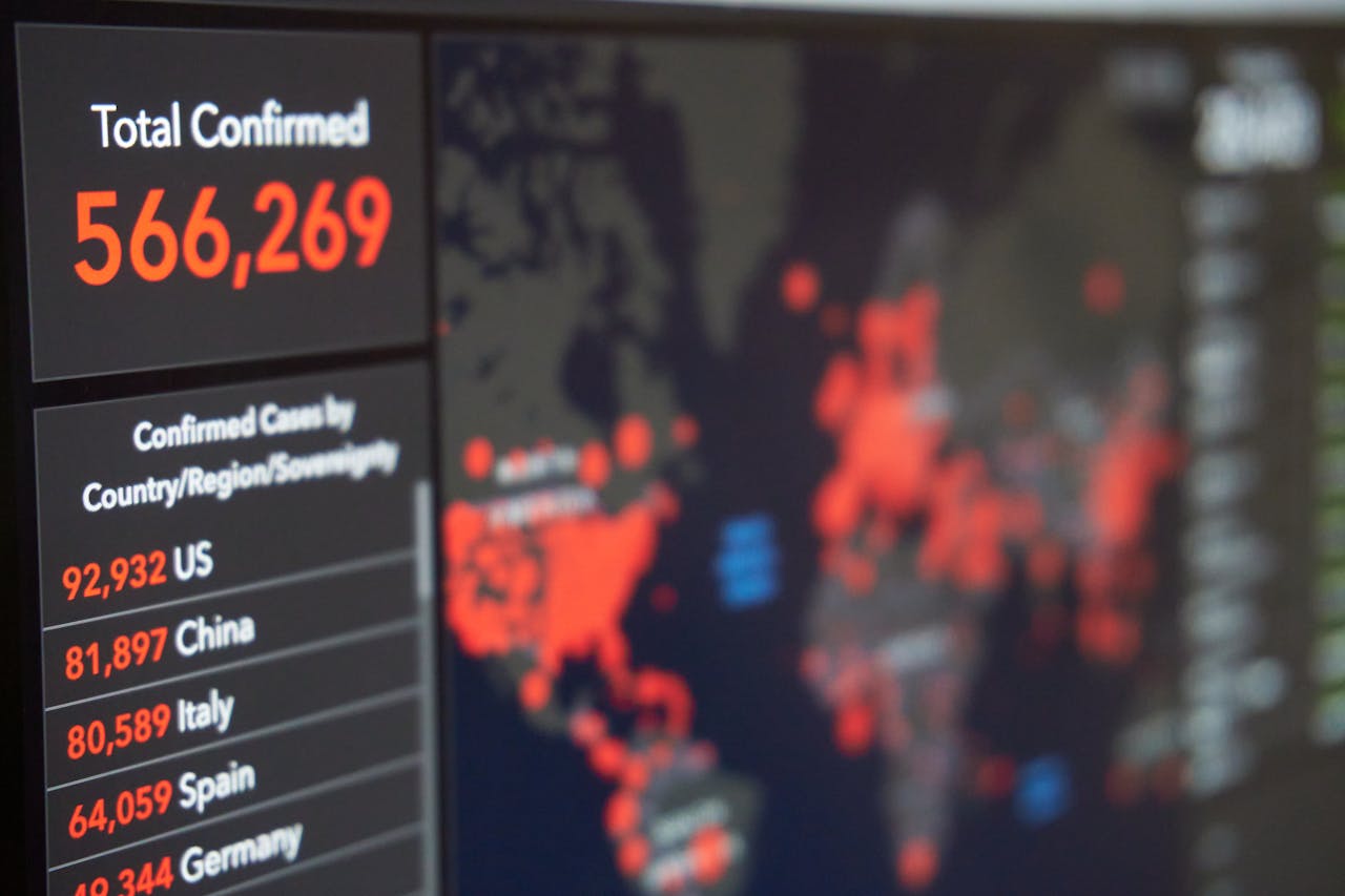 About Screen displaying real-time COVID-19 case data with global map and statistics.