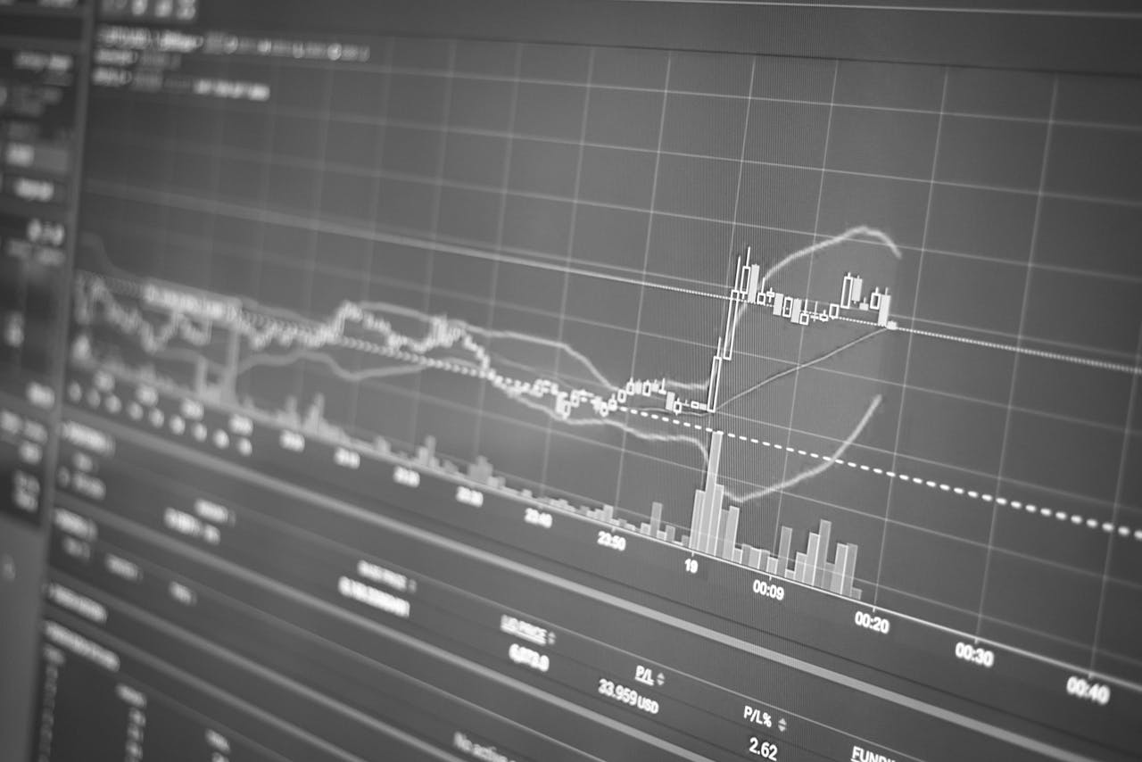 Black and white display of financial chart with data and statistics for trading analysis.